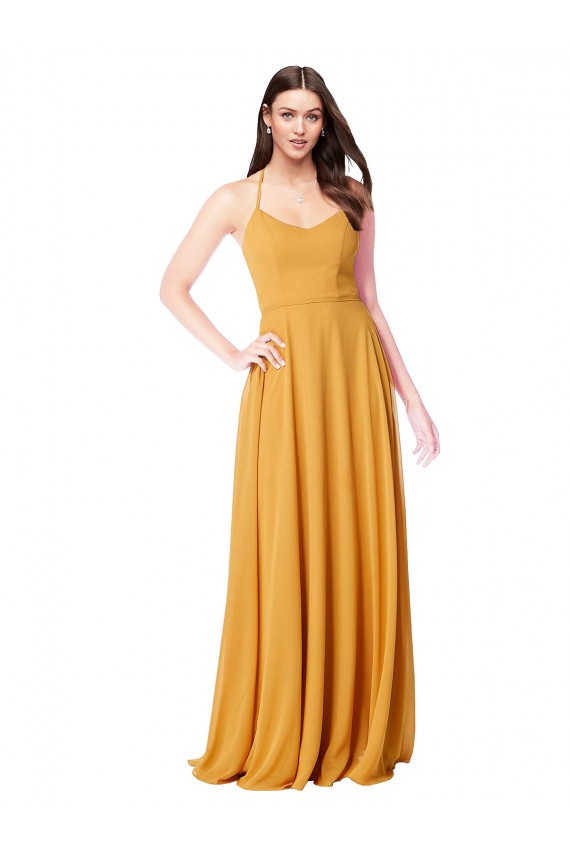 Erschwingliche Safran A-Linien V-Ausschnitt Chiffon Lange Brautjungfernkleider