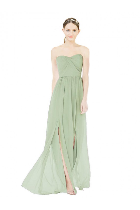 Erschwingliche Salbeigrün A-Linien Trägerlos Chiffon Lange Brautjungfernkleider
