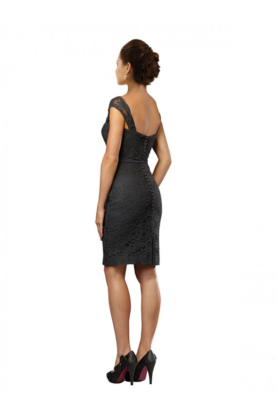 Erschwingliche Schiefergrau A-Linien Off-Schulter Knielang Chiffon Spitze Kurze Brautjungfernkleider / Cocktailkleider