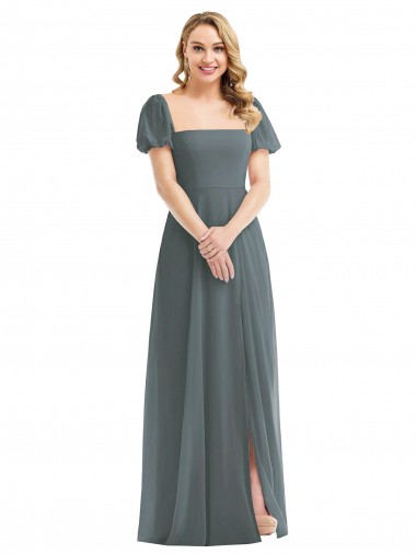 Erschwingliche Schiefergrau A-Linien Quadrat Ausschnitt Chiffon Lange Brautjungfernkleider