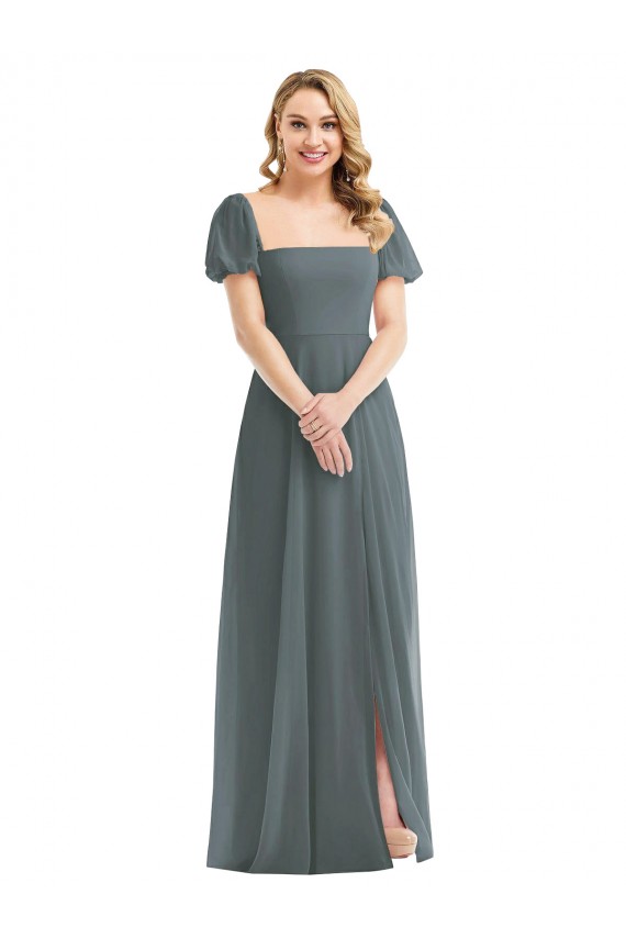 Erschwingliche Schiefergrau A-Linien Quadrat Ausschnitt Chiffon Lange Brautjungfernkleider