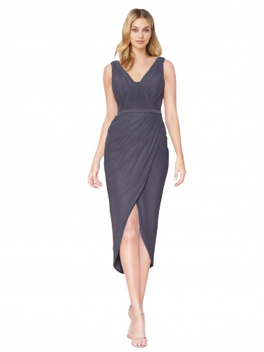 Erschwingliche Schiefergrau Meerjungfrau V-Ausschnitt Cocktail Chiffon Kurze Formale Brautjungfernkleider / Abendkleider / Abiballkleider