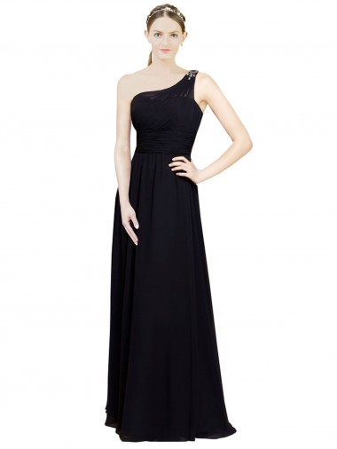 Erschwingliche Schwarz A-Linien Eine-Schulter Chiffon Lange Brautjungfernkleider
