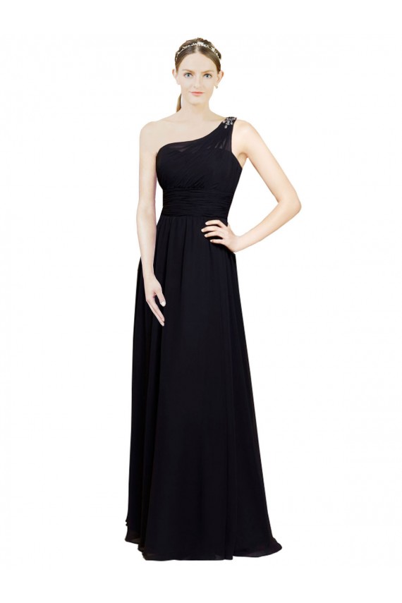 Erschwingliche Schwarz A-Linien Eine-Schulter Chiffon Lange Brautjungfernkleider