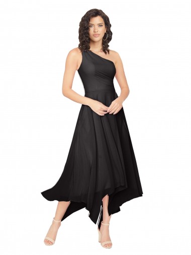 Erschwingliche Schwarz A-Linien Eine-Schulter Trägerlos Midi Chiffon Kurze Brautjungfernkleider / Cocktailkleider / Heimkehr Kleider