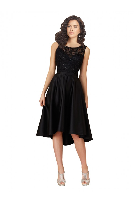 Erschwingliche Schwarz A-Linien Illusion Ausschnitt Midi Satin Spitze Kurze Brautjungfernkleider / Cocktailkleider / Heimkehr Kleider