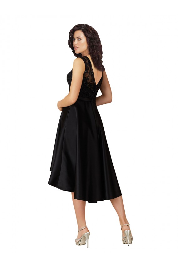 Erschwingliche Schwarz A-Linien Illusion Ausschnitt Midi Satin Spitze Kurze Brautjungfernkleider / Cocktailkleider / Heimkehr Kleider