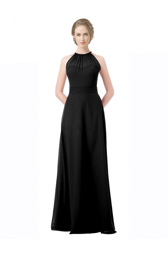 Erschwingliche Schwarz A-Linien Neckholder Chiffon Lange Brautjungfernkleider