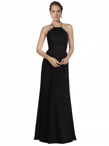 Erschwingliche Schwarz A-Linien Neckholder Chiffon Spitze Lange Brautjungfernkleider