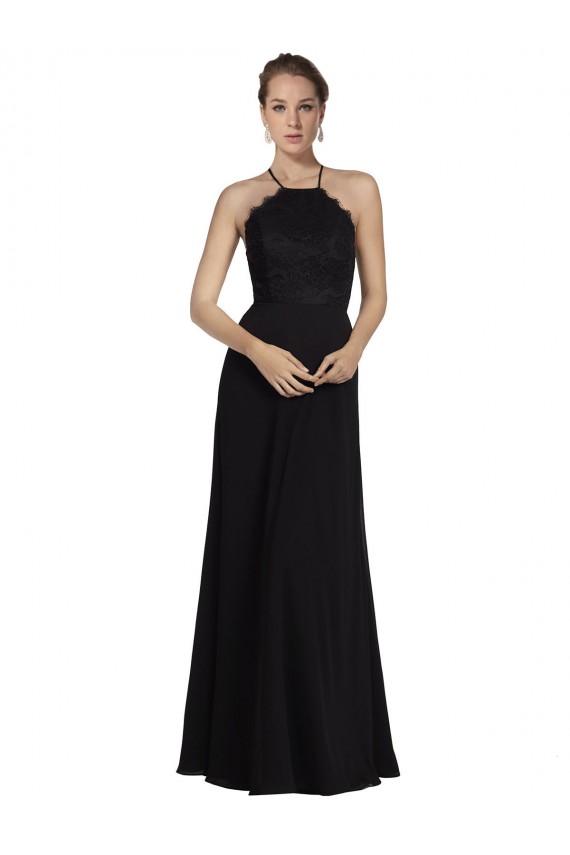 Erschwingliche Schwarz A-Linien Neckholder Chiffon Spitze Lange Brautjungfernkleider
