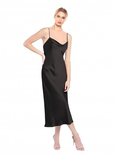 Erschwingliche Schwarz A-Linien Spaghetti-Träger Haube Ausschnitt Midi Stretch-Satin Kurze Formale Brautjungfernkleider / Abendkleider / Abiballkleider / Cocktailkleider / Heimkehr Kleider