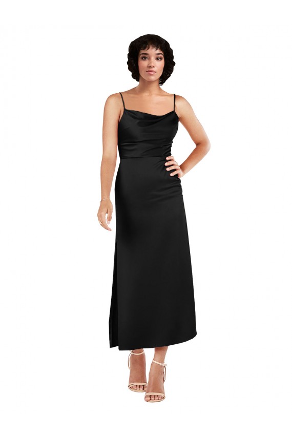 Erschwingliche Schwarz A-Linien Spaghetti-Träger Haube Ausschnitt Wadenlang Seidiger Satin Kurze Formale Brautjungfernkleider / Abendkleider / Abiballkleider / Cocktailkleider / Heimkehr Kleider