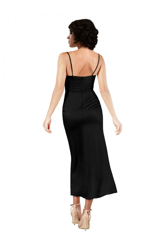 Erschwingliche Schwarz A-Linien Spaghetti-Träger Haube Ausschnitt Wadenlang Seidiger Satin Kurze Formale Brautjungfernkleider / Abendkleider / Abiballkleider / Cocktailkleider / Heimkehr Kleider