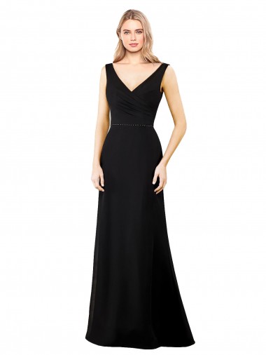 Erschwingliche Schwarz A-Linien V-Ausschnitt Chiffon Lange Brautjungfernkleider / Abiballkleider