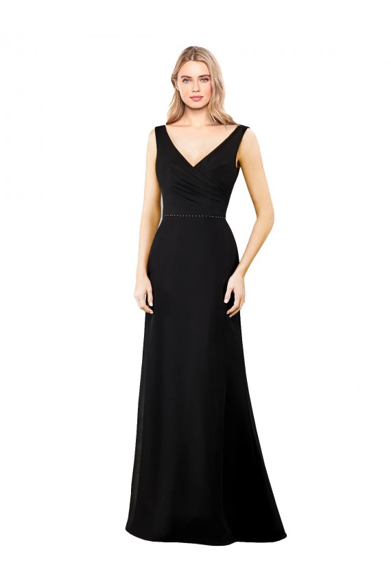 Erschwingliche Schwarz A-Linien V-Ausschnitt Chiffon Lange Brautjungfernkleider / Abiballkleider