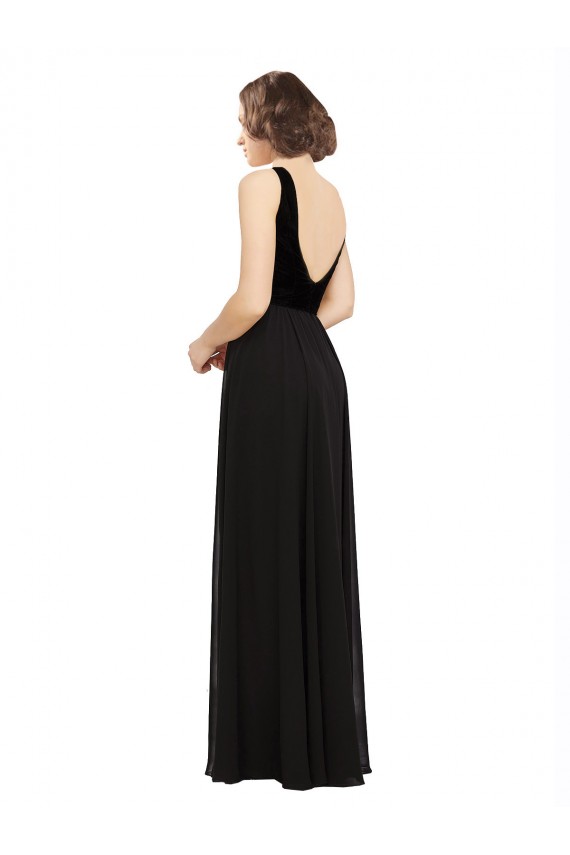 Erschwingliche Schwarz A-Linien V-Ausschnitt Chiffon Samt Lange Brautjungfernkleider / Abiballkleider
