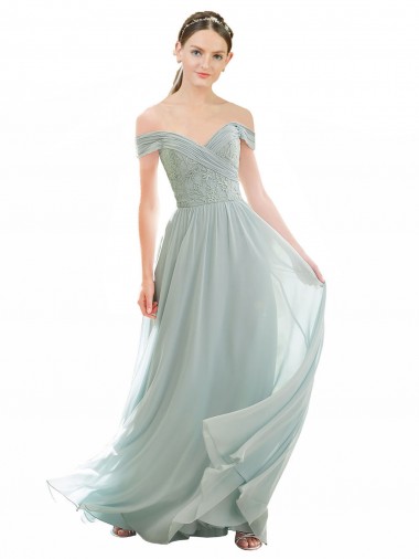 Erschwingliche Seeglas A-Linien Off-Schulter Chiffon Spitze Lange Brautjungfernkleider