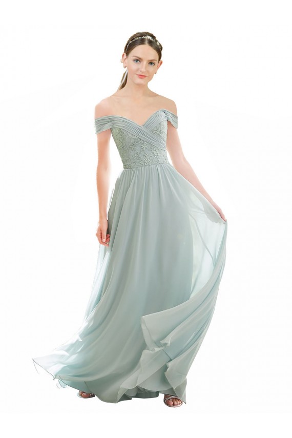 Erschwingliche Seeglas A-Linien Off-Schulter Chiffon Spitze Lange Brautjungfernkleider