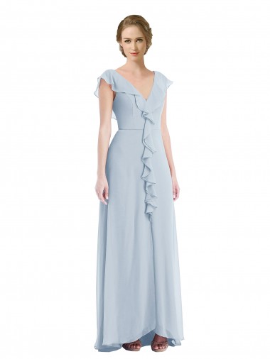 Erschwingliche Seeglas A-Linien V-Ausschnitt Chiffon Lange Brautjungfernkleider