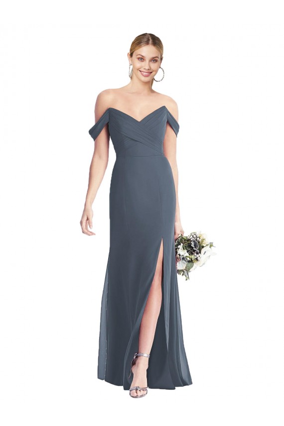 Erschwingliche Silberner Stein Trompete Off-Schulter Chiffon Lange Brautjungfernkleider