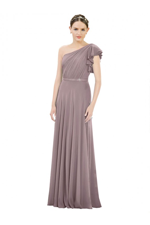 Erschwingliche Staubige Rose A-Linien Eine-Schulter Chiffon Lange Brautjungfernkleider