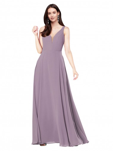 Erschwingliche Staubiger Lavendel Etui V-Ausschnitt Chiffon Lange Formale Brautjungfernkleider / Abendkleider