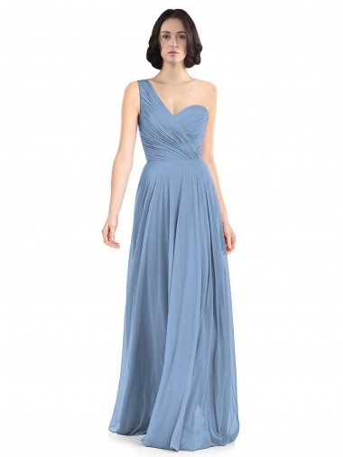 Erschwingliche Staubiges Blau A-Linien Eine-Schulter Chiffon Lange Brautjungfernkleider