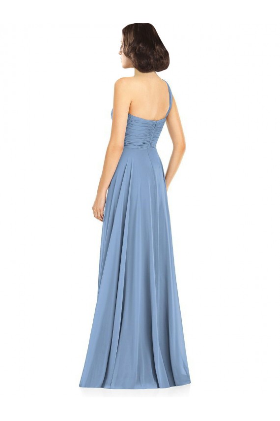Erschwingliche Staubiges Blau A-Linien Eine-Schulter Chiffon Lange Brautjungfernkleider