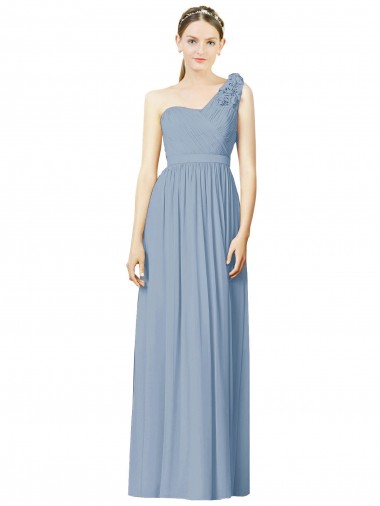 Erschwingliche Staubiges Blau A-Linien Eine-Schulter Chiffon Lange Brautjungfernkleider