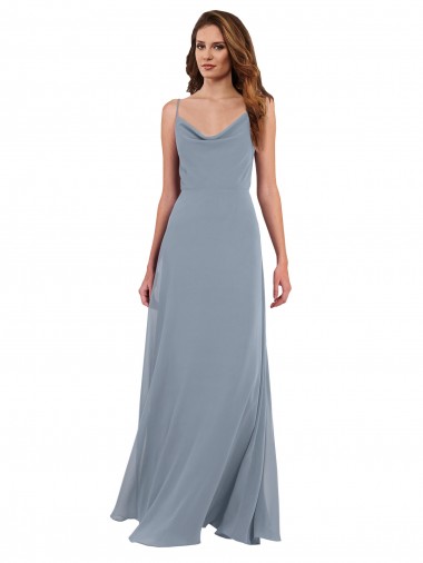 Erschwingliche Staubiges Blau A-Linien Haube Ausschnitt Chiffon Lange Brautjungfernkleider