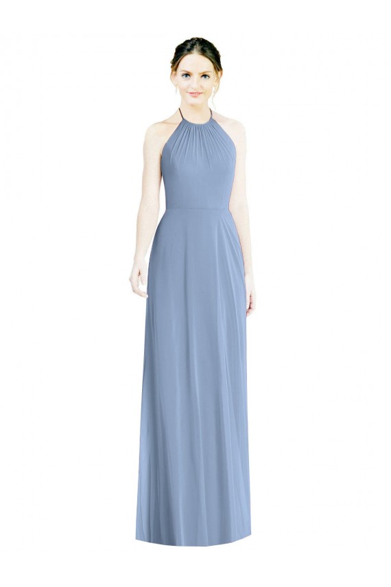 Erschwingliche Staubiges Blau A-Linien Neckholder Chiffon Lange Brautjungfernkleider