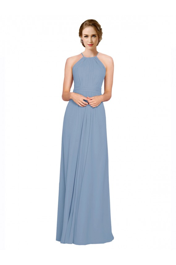 Erschwingliche Staubiges Blau A-Linien Neckholder Stehkragen Ausschnitt Chiffon Lange Brautjungfernkleider