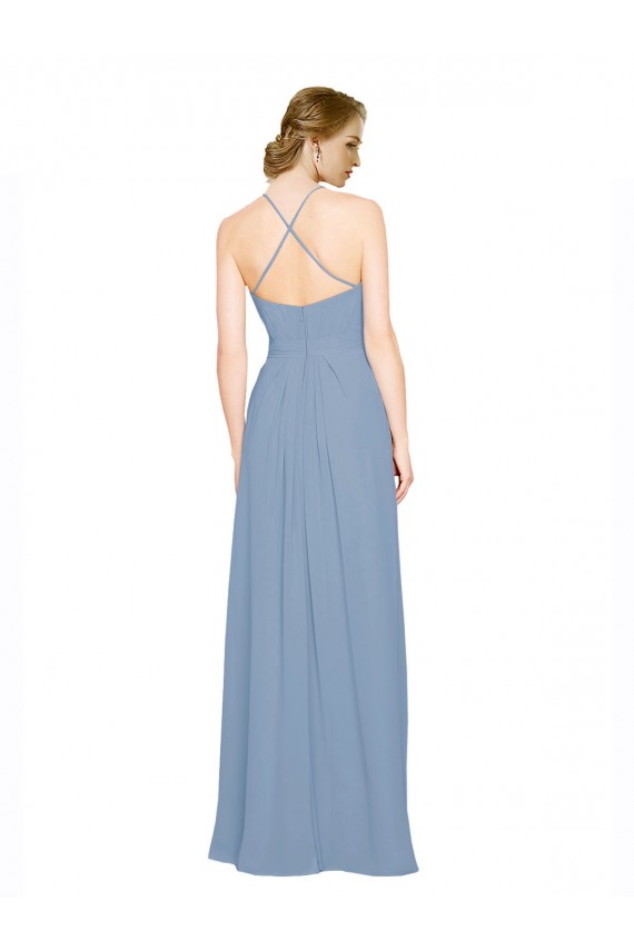 Erschwingliche Staubiges Blau A-Linien Neckholder Stehkragen Ausschnitt Chiffon Lange Brautjungfernkleider