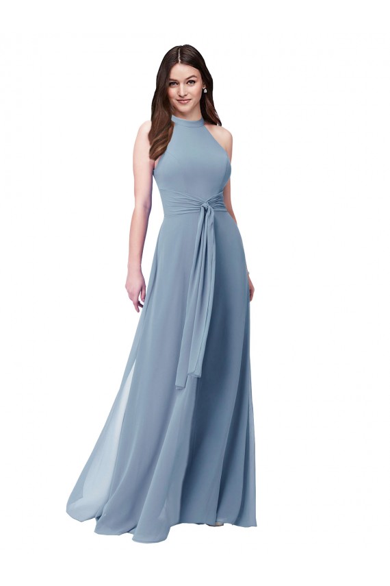 Erschwingliche Staubiges Blau A-Linien Neckholder Stehkragen Ausschnitt Chiffon Lange Brautjungfernkleider