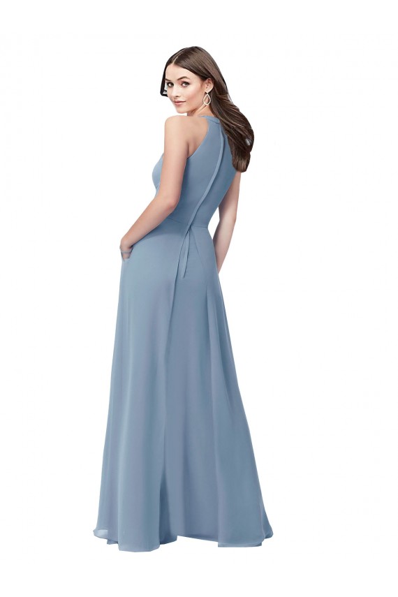 Erschwingliche Staubiges Blau A-Linien Neckholder Stehkragen Ausschnitt Chiffon Lange Brautjungfernkleider