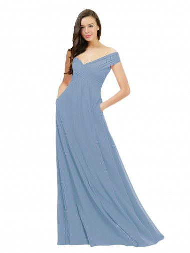 Erschwingliche Staubiges Blau A-Linien Off-Schulter Chiffon Lange Brautjungfernkleider