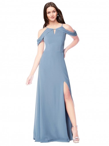 Erschwingliche Staubiges Blau A-Linien Off-Schulter Chiffon Lange Brautjungfernkleider