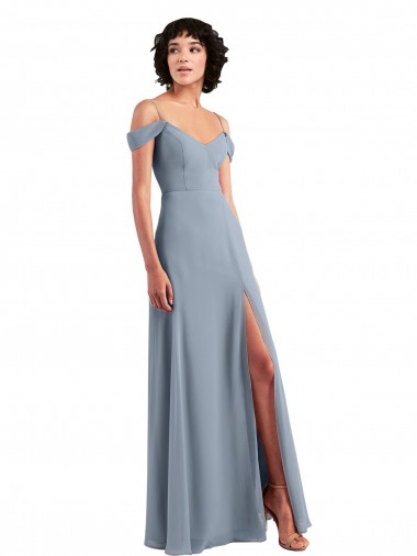 Erschwingliche Staubiges Blau A-Linien Off-Schulter Spaghetti-Träger Chiffon Lange Brautjungfernkleider