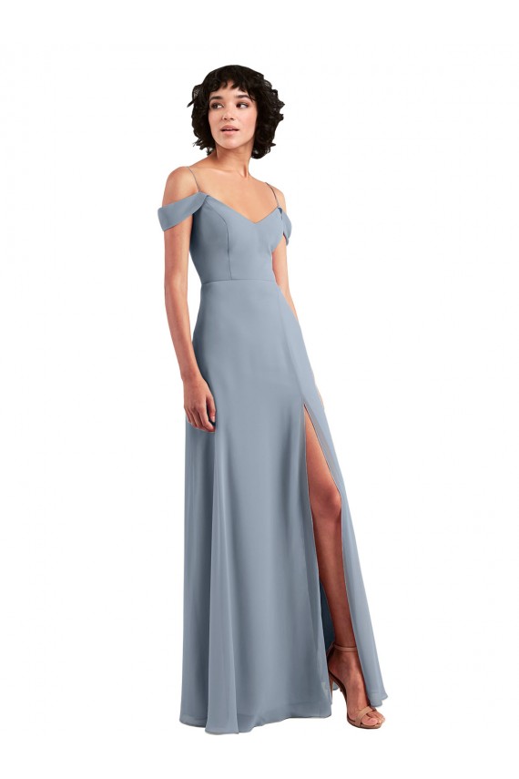Erschwingliche Staubiges Blau A-Linien Off-Schulter Spaghetti-Träger Chiffon Lange Brautjungfernkleider