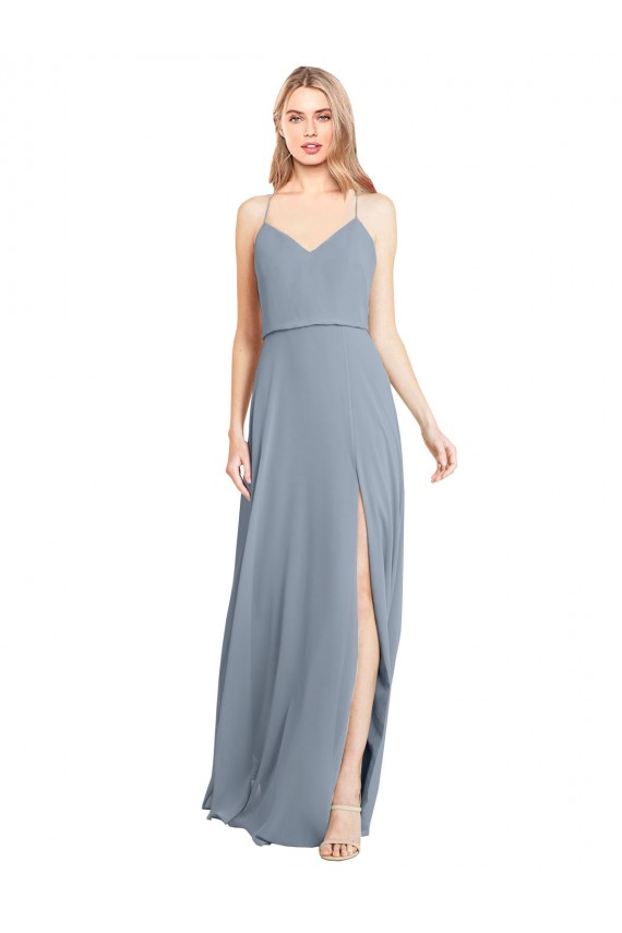 Erschwingliche Staubiges Blau A-Linien Off-Schulter Spaghetti-Träger Chiffon Lange Brautjungfernkleider