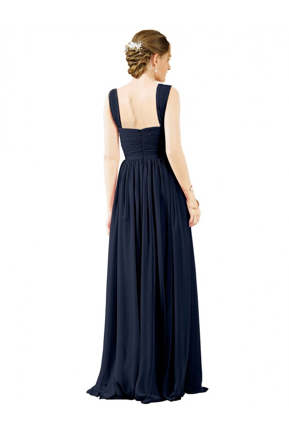 Erschwingliche Staubiges Blau A-Linien Quadrat Ausschnitt Chiffon Lange Brautjungfernkleider