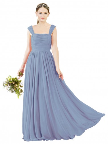 Erschwingliche Staubiges Blau A-Linien Quadrat Ausschnitt Chiffon Lange Brautjungfernkleider
