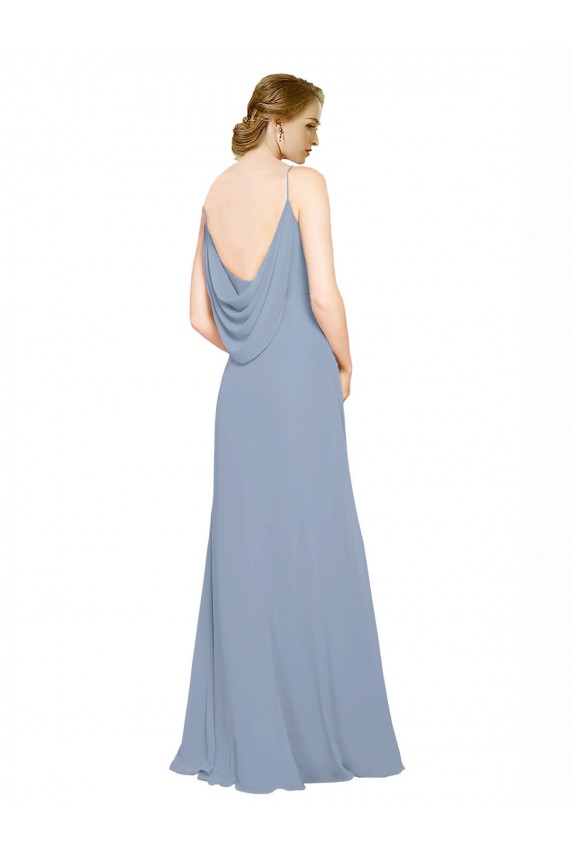Erschwingliche Staubiges Blau A-Linien Spaghetti-Träger Chiffon Lange Brautjungfernkleider