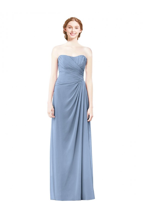 Erschwingliche Staubiges Blau A-Linien Trägerlos Chiffon Lange Brautjungfernkleider