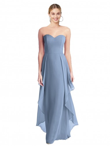 Erschwingliche Staubiges Blau A-Linien Trägerlos Chiffon Lange Brautjungfernkleider