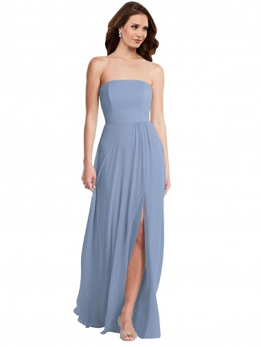 Erschwingliche Staubiges Blau A-Linien Trägerlos Chiffon Lange Brautjungfernkleider