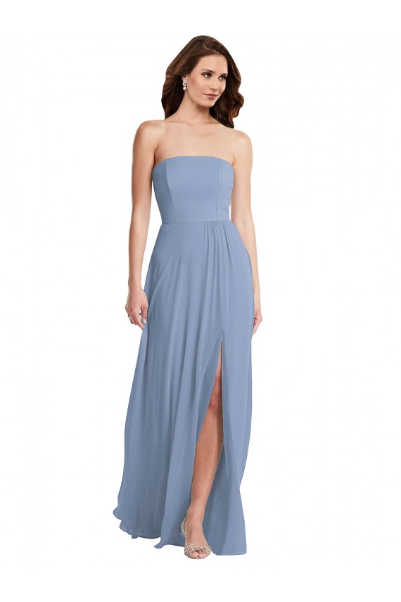 Erschwingliche Staubiges Blau A-Linien Trägerlos Chiffon Lange Brautjungfernkleider