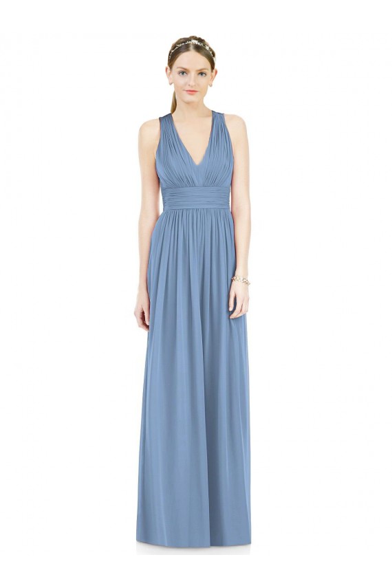 Erschwingliche Staubiges Blau A-Linien V-Ausschnitt Chiffon Lange Brautjungfernkleider