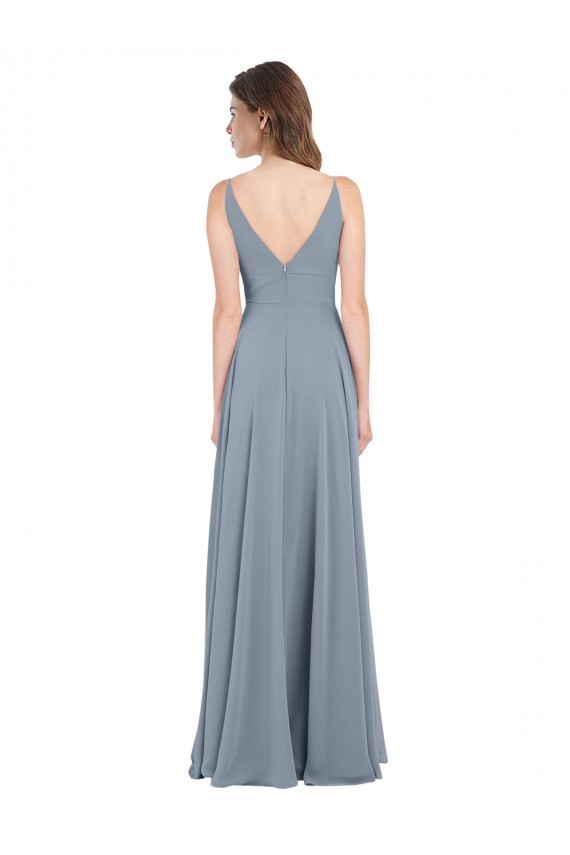 Erschwingliche Staubiges Blau A-Linien V-Ausschnitt Chiffon Lange Brautjungfernkleider