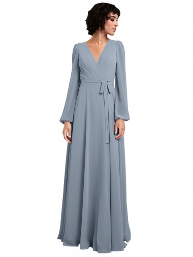 Erschwingliche Staubiges Blau A-Linien V-Ausschnitt Chiffon Lange Brautjungfernkleider